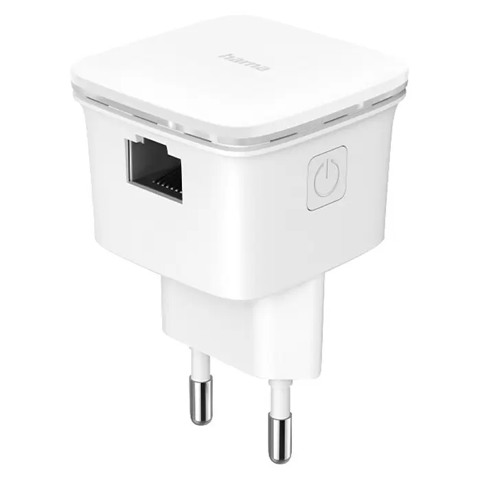 Hama WLAN-Verstärker WLAN-Repeater mit LAN-Anschluss und WPS - RJ45-Buchse - Weißer Netzwerkadapter mit Ethernet-Port, Power-Taste und Eurostecker.