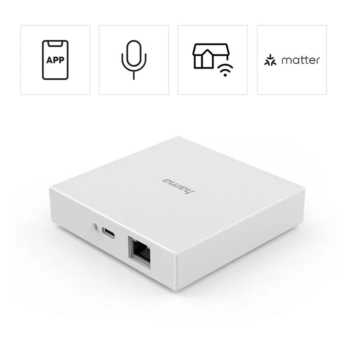 Hama Steuerzentrale Smart-Home-Hub, Matter für Sprach- / Appsteuerung - Weiß - Weißer, rechteckiger Hama Smart Home Hub mit USB-C- und Ethernet-Anschlüssen für App-, Sprach- und Matter-Steuerung.