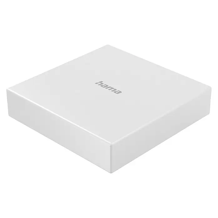 Hama Steuerzentrale Smart-Home-Hub, Matter für Sprach- / Appsteuerung - Weiß - Weißes quadratisches Hama-Gerät mit Logo oben.