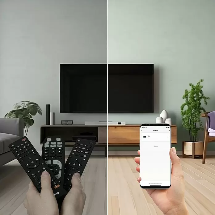 Hama Wifi Steuerzentrale WLAN-Universal-Fernbedienung Infrarot für Sprach- / App-Steuerung - Schwarz - Links: Hände halten drei TV-Fernbedienungen. Rechts: Ein Smartphone zeigt eine Smart IR App zur TV-Steuerung.
