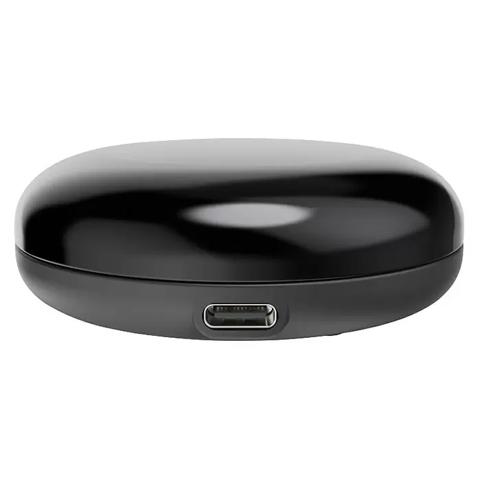 Hama Wifi Steuerzentrale WLAN-Universal-Fernbedienung Infrarot für Sprach- / App-Steuerung - Schwarz - Schwarzes, rundes Elektronikgerät mit glänzender Oberseite und einem USB-A-Anschluss an der Seite.