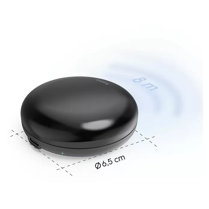 Hama Wifi Steuerzentrale WLAN-Universal-Fernbedienung Infrarot für Sprach- / App-Steuerung - Schwarz - Rundes, glänzend schwarzes Funkgerät, 6,5 cm Durchmesser, mit 8 m Reichweitenanzeige.
