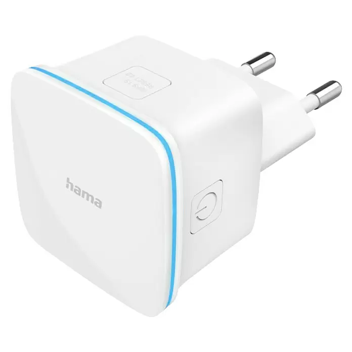 Hama WLAN-Verstärker WLAN-Repeater mit LAN-Anschluss und WPS - RJ45-Buchse - Weißer Hama WLAN Repeater mit blauem Streifen, Einschalttaste und zwei Netzsteckern.