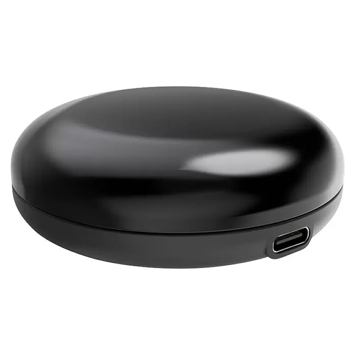 Hama Wifi Steuerzentrale WLAN-Universal-Fernbedienung Infrarot für Sprach- / App-Steuerung - Schwarz - Rundes, glänzendes schwarzes Elektronikgerät mit USB-C-Anschluss.