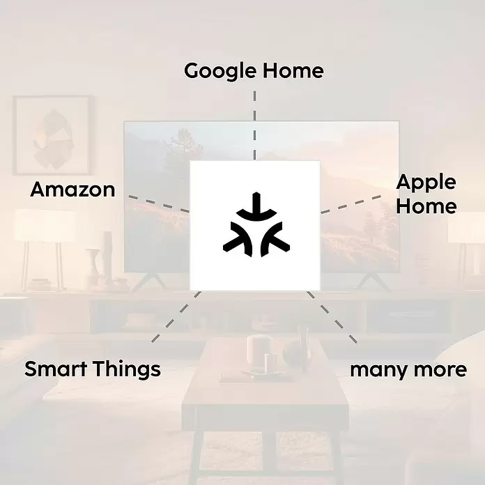 Hama Steuerzentrale Smart-Home-Hub, Matter für Sprach- / Appsteuerung - Weiß - Schwarzes Hub-Logo, das verschiedene Smart-Home-Plattformen in einem Wohnzimmer verbindet.