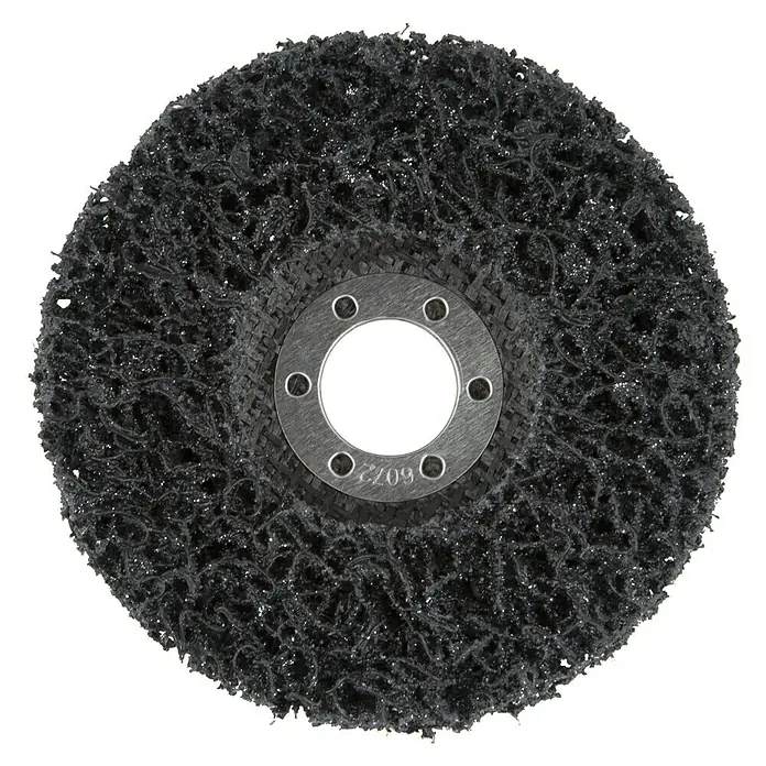 Wolfcraft Reinigungsscheibe - Durchmesser: 115 mm, Siliciumkarbid-Vlies - Aufnahme eines schwarzen Schleifvlieses mit einem silbernen Mittelteil.