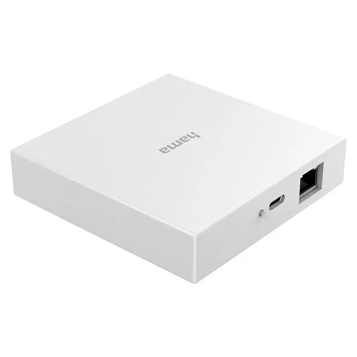 Hama Steuerzentrale Smart-Home-Hub, Matter für Sprach- / Appsteuerung - Weiß - Weißer Hama Smart Home Hub mit USB-C- und Ethernet-Anschlüssen.