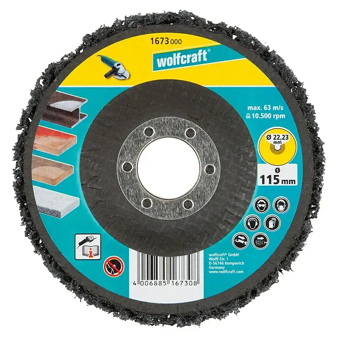 Wolfcraft Reinigungsscheibe - Durchmesser: 115 mm, Siliciumkarbid-Vlies - Aufnahme einer Wolfcraft Schleifscheibe mit einer maximalen Drehzahl von 10.500 U/min und einem Durchmesser von 115 mm.