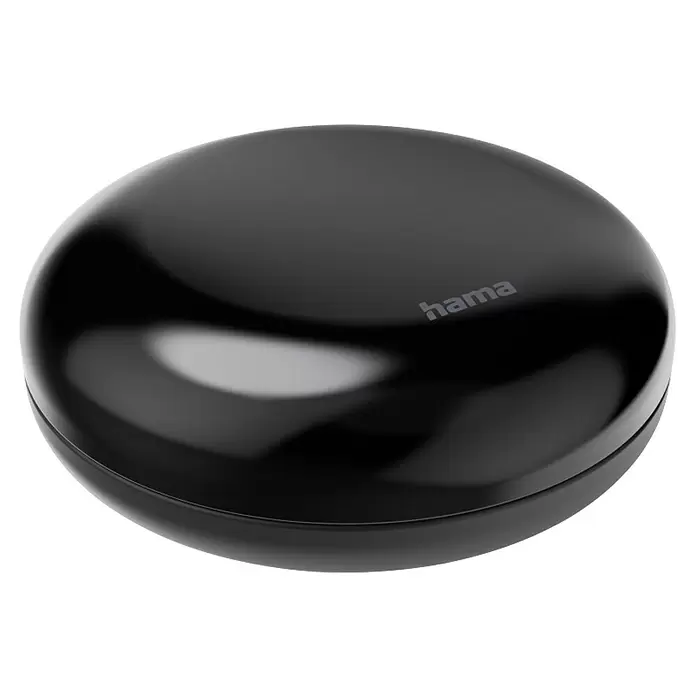 Hama Wifi Steuerzentrale WLAN-Universal-Fernbedienung Infrarot für Sprach- / App-Steuerung - Schwarz - Glänzendes, schwarzes, rundes Hama Smart-Home-Gerät.