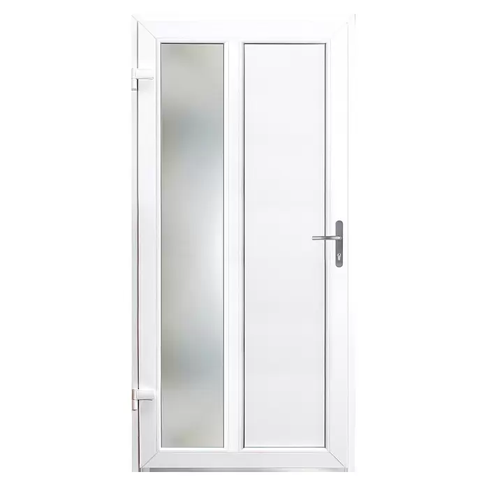 Panto Nebeneingangstür K 511 - 98 x 198 cm, DIN Anschlag: Links, Anthrazit/Weiß - Weiße PVC-Doppelbalkontür mit einer Milchglasscheibe und einer Vollplatte, inklusive silbernem Griff.