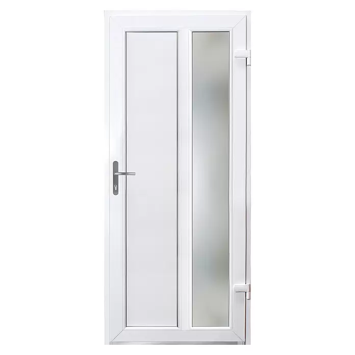 Panto Nebeneingangstür K 511 - 88 x 198 cm, DIN Anschlag: Rechts, Anthrazit/Weiß - Weiße PVC-Tür mit silbernem Griff und einer Milchglasscheibe.