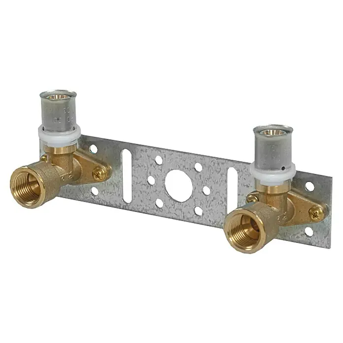 Comisa Montageeinheit - Durchmesser: 16 mm, Innengewinde: ½″, Aluminium - Aufnahmeplatte mit Messing-Winkelstücken. Die Platte ist aus Metall gefertigt und hat mehrere Löcher für die Montage.