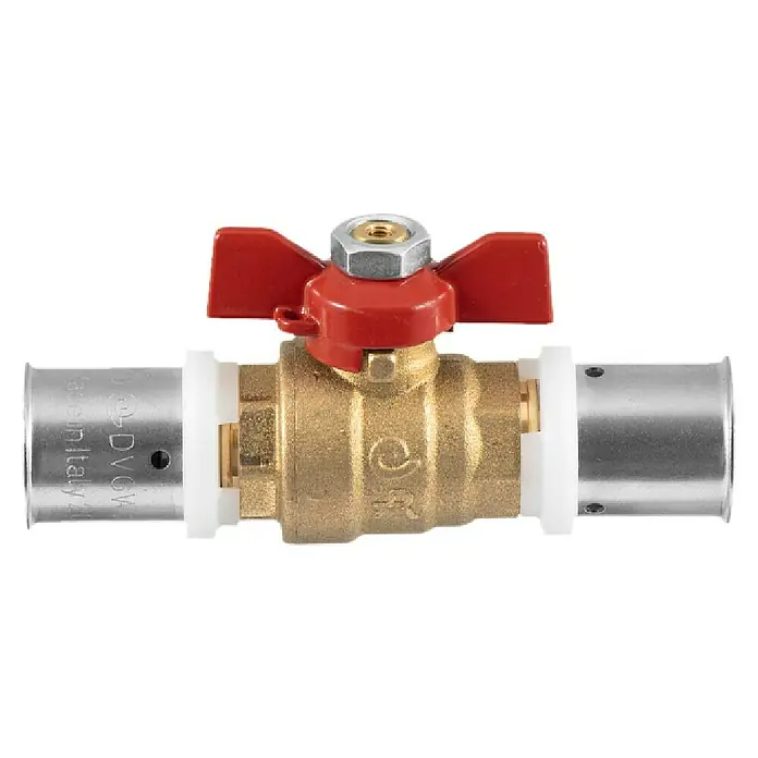 Comisa Press-Kugelhahn - Durchmesser: 20 mm - Ein Messing-Kugelhahn mit rotem Griff und Pressanschluss für Rohre. Ideal für Sanitär- und Heizungsanwendungen, zuverlässig und langlebig.