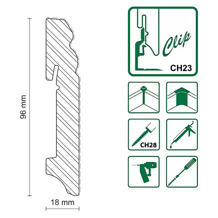 Sockelleiste Massiv - 240 x 1,8 x 9,6 cm, Kiefer, Profiliert - Querschnitt einer Zierleiste, 96x18mm. Symbole für Clip (CH23), Schraube (CH28), Klebstoff und Eckmontage.
