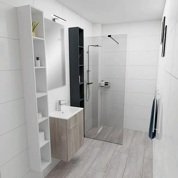 Camargue Espacio Badmöbel-Set H57 - 90 cm, Faro - Modernes Badezimmer-Interieur mit Waschtisch, Spiegelschrank und begehbarer Dusche, gestaltet in neutralen Farben und klaren Linien.
