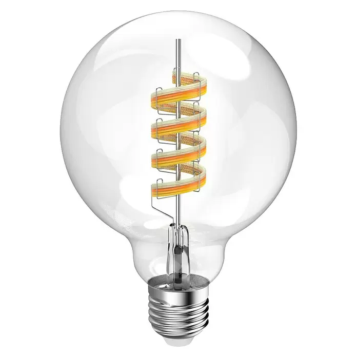 Hama Wifi Smart-LED-Lampe Filament Matter - E27, Dimmbar, RGBW, 470 lm, 4,9 W - Klare Glas-LED-Filamentlampe mit spiralförmigen bernsteinfarbenen LEDs und silbernem Schraubsockel.