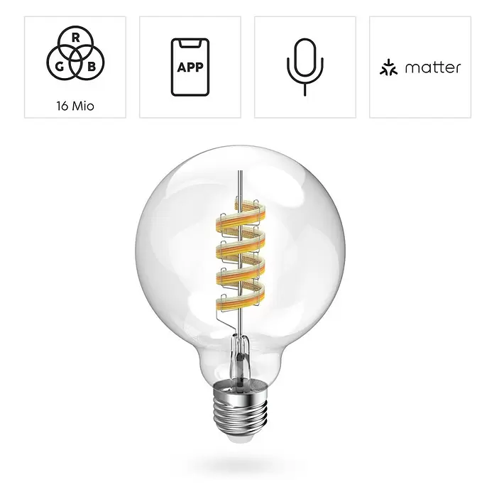 Hama Wifi Smart-LED-Lampe Filament Matter - E27, Dimmbar, RGBW, 470 lm, 4,9 W - Klare LED-Smart-Birne mit Spiralfilament, silbernem Schraubsockel, RGB-Farben, App- und Sprachsteuerung, Matter-kompatibel.