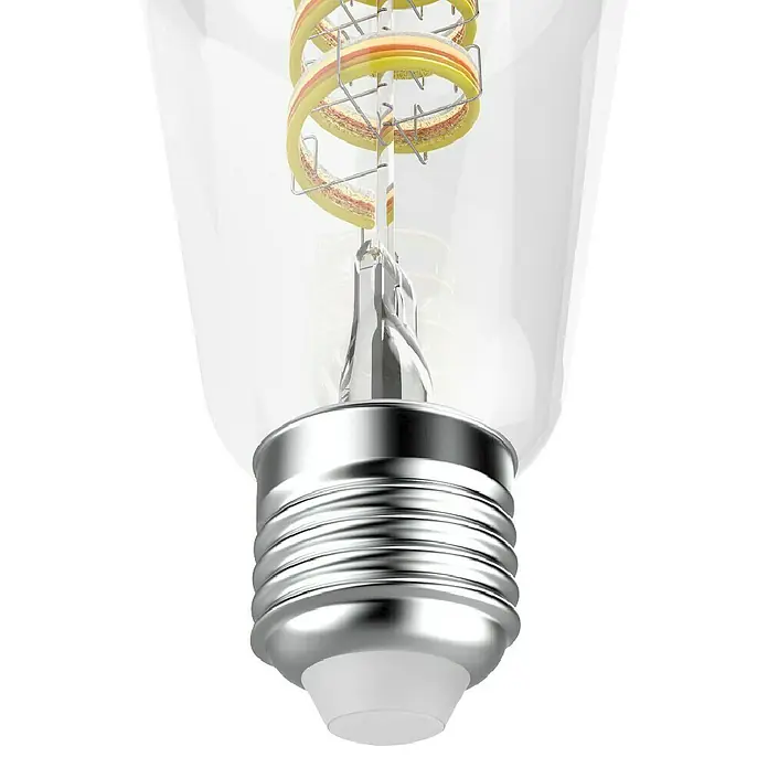 Hama Wifi Smart-LED-Lampe Filament - E27, Dimmbar, RGBW, 470 lm, 4,9 W - Nahaufnahme einer Edison-Glühbirne mit spiralförmigem Glühfaden und silbernem Sockel vor schwarzem Hintergrund.