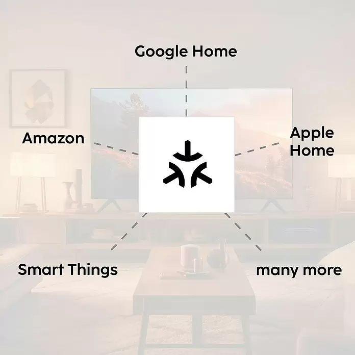 Hama Wifi Smart-LED-Lampe Filament Matter - E27, Dimmbar, RGBW, 470 lm, 4,9 W - Schwarzes abstraktes Symbol in weißem Quadrat, das Smart-Home-Integration mit Plattformen wie Google Home und Amazon darstellt.