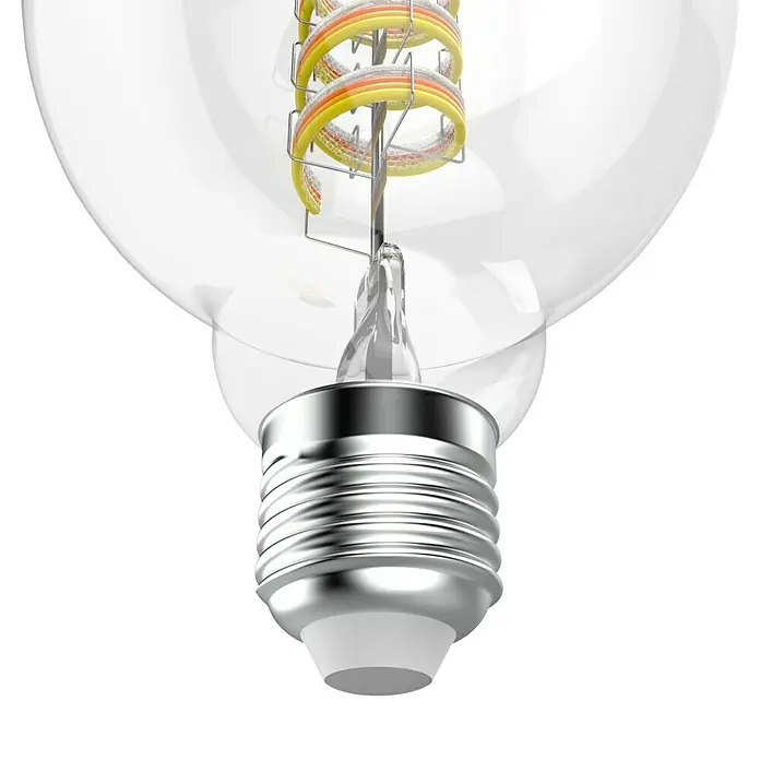 Hama Wifi Smart-LED-Lampe Filament Matter - E27, Dimmbar, RGBW, 470 lm, 4,9 W - Nahaufnahme einer klaren LED-Glühbirne mit einem spiralförmigen Glühfaden und einem silbernen Sockel, die modernes Design betont.