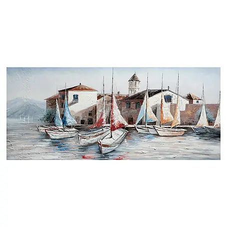 Bubola & Naibo  Cuadro pintado a mano Pueblo y veleros