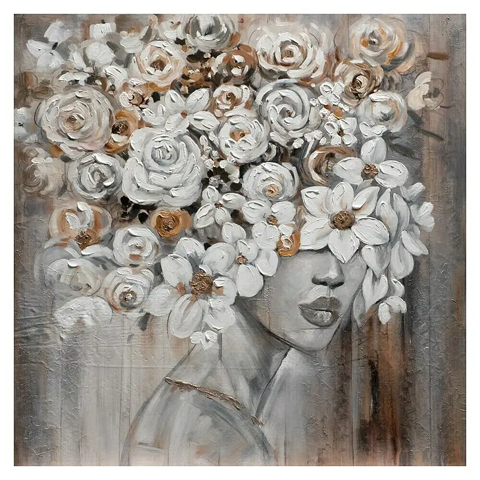 Bubola & Naibo Cuadro pintado a mano Cara con flores - Cara con flores, An x Al: 100 x 100 cm - Pintura de una mujer con una corona de flores, que captura la belleza y la elegancia de la naturaleza en un entorno artístico.