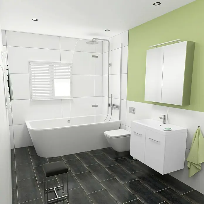 Camargue Espacio Badmöbel-Set G21 - 80 cm, Mira - Modernes Badezimmerdesign mit Badewanne, Waschbeckenunterschrank, Toilette und grüner Akzentwand für ein stilvolles Ambiente.