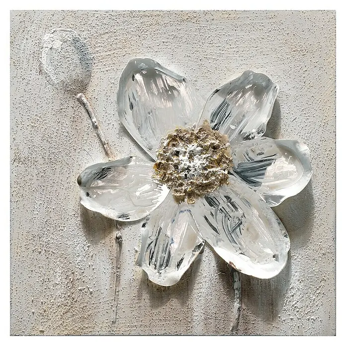 Bubola & Naibo Cuadro pintado a mano Flores 616 - Flores 616, An x Al: 30 x 30 cm, Material: Madera - Cuadro con una flor blanca con detalles texturizados sobre lienzo, añadiendo un toque moderno y elegante.