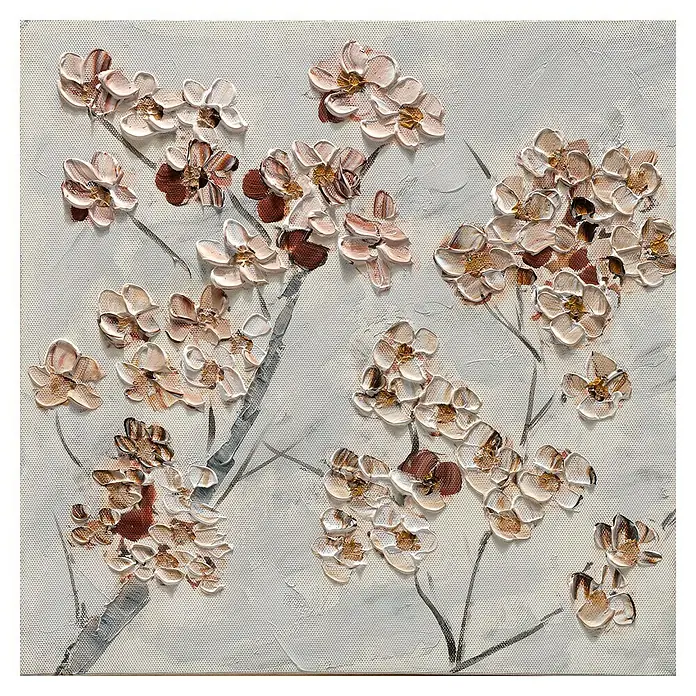 Bubola & Naibo Cuadro pintado a mano Flores 614 - Flores 614, An x Al: 30 x 30 cm, Material: Madera - Detalle de una pintura con delicadas ramas de flores en tonos beige y marrón sobre un fondo claro, artístico y decorativo.
