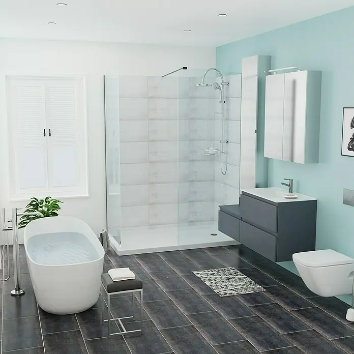 Camargue Espacio Spiegel-Hochschrank - 40 x 17 x 170 cm - Helles Badezimmer mit Badewanne, Dusche und Waschbecken. Moderne Ausstattung und stilvolles Design für ein entspannendes Ambiente.