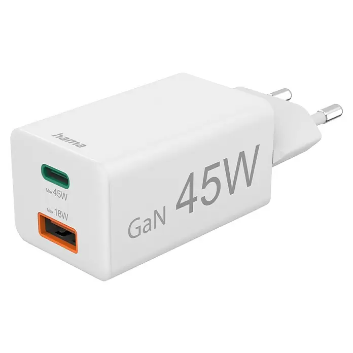 Hama USB-Adapter Schnellladegerät USB-C+A - Weiß, 45 W - Weißes Hama GaN 45W Ladegerät mit USB-C (45W) und USB-A (18W) Anschlüssen, mit Eurostecker.