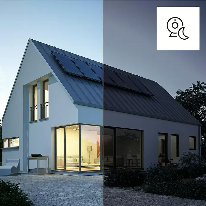 Hama Wifi Überwachungskamera 176645 - Erfassungswinkel: 110 ° - Ein Haus bei Tag und Nacht, das ein Überwachungskamerasystem mit Tag- und Nachtsicht demonstriert.
