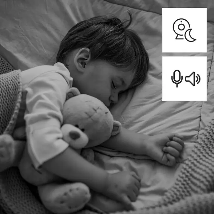 Hama Wifi Überwachungskamera - Erfassungswinkel: 100 ° - Schlafendes Kind mit Teddybär, daneben Icons für Babyphone-Nachtsicht und Audioüberwachung.