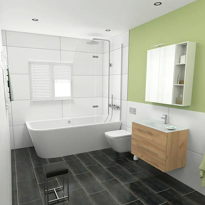 Camargue Espacio Waschtischunterschrank - 80 x 46 x 60 cm, 2 Schubkästen, Doce - Helles Badezimmer mit Badewanne, WC, Waschtisch und Spiegel. Grüne Wandfarbe sorgt für einen frischen Akzent. Moderne und stilvolle Einrichtung.