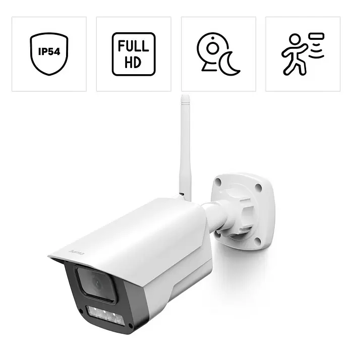 Hama Wifi Überwachungskamera - Weiß, Erfassungswinkel: 110 ° - Weiße und graue Außenüberwachungskamera mit Antenne, mit IP54, Full HD, Nachtsicht und Bewegungserkennung.