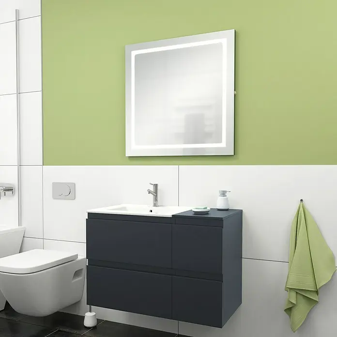 Camargue Espacio Badmöbel-Set H4 - 90 cm, Gama anthrazit matt - Ein modernes Badezimmer mit einem grauen Waschtischunterschrank, einem beleuchteten Spiegel und einer Wandtoilette, die ein stilvolles Ambiente schaffen.