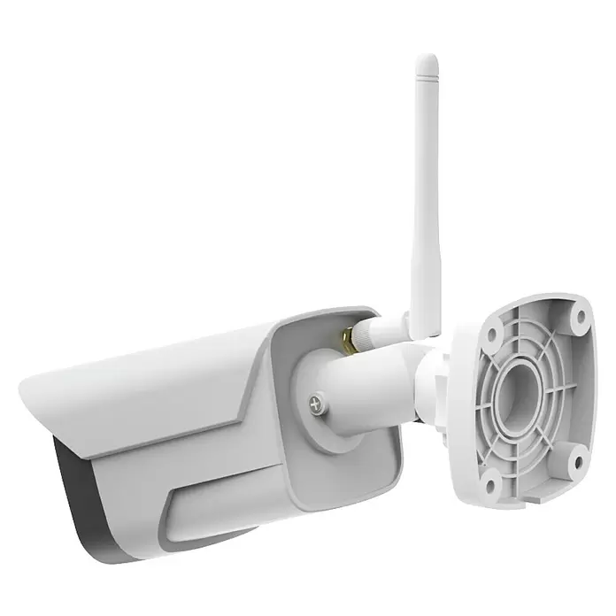 Hama Wifi Überwachungskamera - Weiß, Erfassungswinkel: 110 ° - Weiße Bullet-Überwachungskamera mit Antenne und Montagebasis.