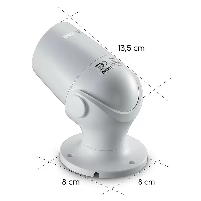 Hama Wifi Überwachungskamera 176645 - Erfassungswinkel: 110 ° - Weißer zylindrischer Sensor/Kamera, 13,5 cm lang, mit 8 cm rundem Sockel.
