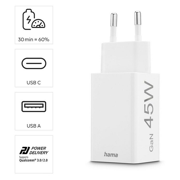 Hama USB-Adapter Schnellladegerät USB-C+A (Weiß, 45 W) | BAUHAUS