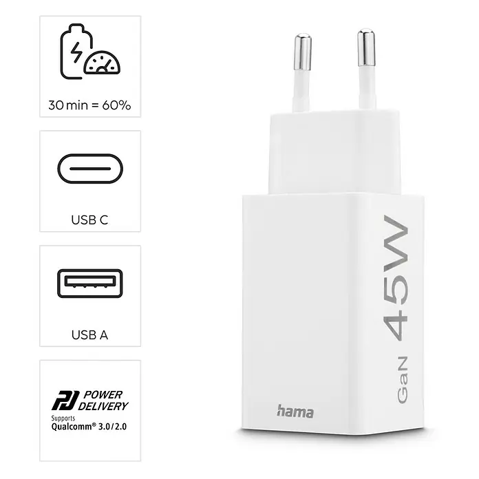 Hama USB-Adapter Schnellladegerät USB-C+A - Weiß, 45 W - Produktbild eines weißen Hama GaN 45W-Ladegeräts mit USB-C- und USB-A-Anschlüssen, das schnelles Aufladen mit Power Delivery unterstützt.