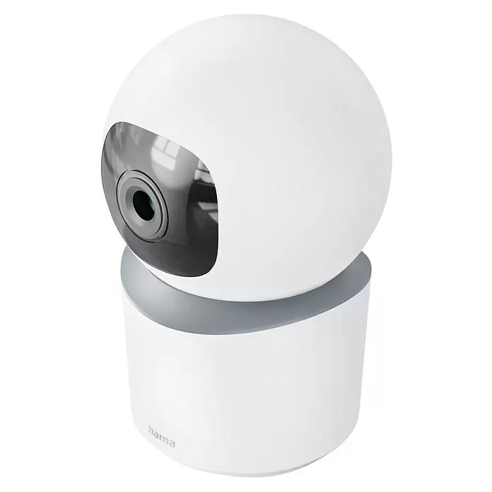 Hama Wifi Überwachungskamera - Erfassungswinkel: 100 ° - Weiße schwenk-neigbare Überwachungskamera mit kugelförmigem Oberteil und zylindrischem Sockel, mit Kameraobjektiv.
