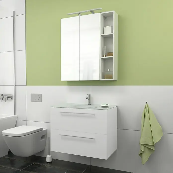 Camargue Espacio Waschtischunterschrank - 80 x 46 x 60 cm, 2 Schubkästen, Mira - Das Badezimmer-Set mit einem Waschbeckenunterschrank und einem Spiegelschrank in Weiß ist ein echter Hingucker. Es bietet zudem viel Stauraum.