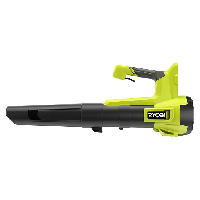 Ryobi ONE+ Akku-Gebläse RY18BLB-0 - 18 V, Ohne Akku, Blasgeschwindigkeit: 160 km/h - Das Bild zeigt einen Laubbläser der Marke Ryobi in den Farben Schwarz und Grün. Er ist für den Einsatz im Garten konzipiert und verfügt über einen Griff.