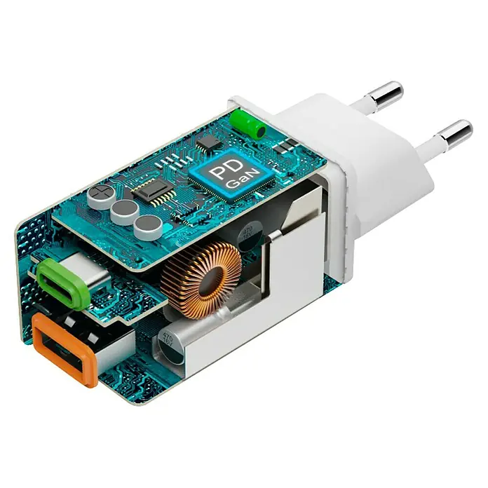 Hama USB-Adapter Schnellladegerät USB-C+A - Weiß, 45 W - Innenansicht eines PD GaN-Netzteils, das die komplexe Elektronik und das kompakte Design hervorhebt.