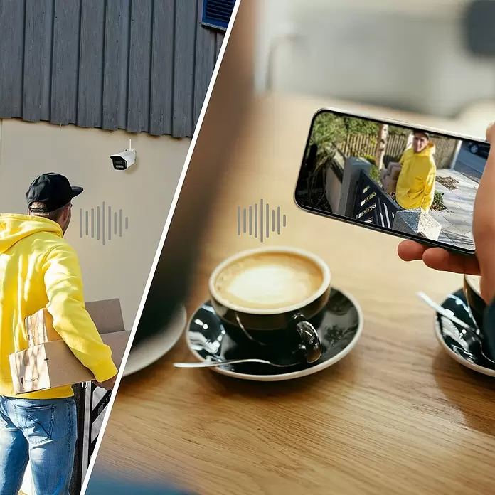Hama Wifi Überwachungskamera - Weiß, Erfassungswinkel: 110 ° - Weiße Überwachungskamera mit Zwei-Wege-Audio, die dem Benutzer ermöglicht, einen Lieferanten über eine Smartphone-App zu sehen und zu sprechen.