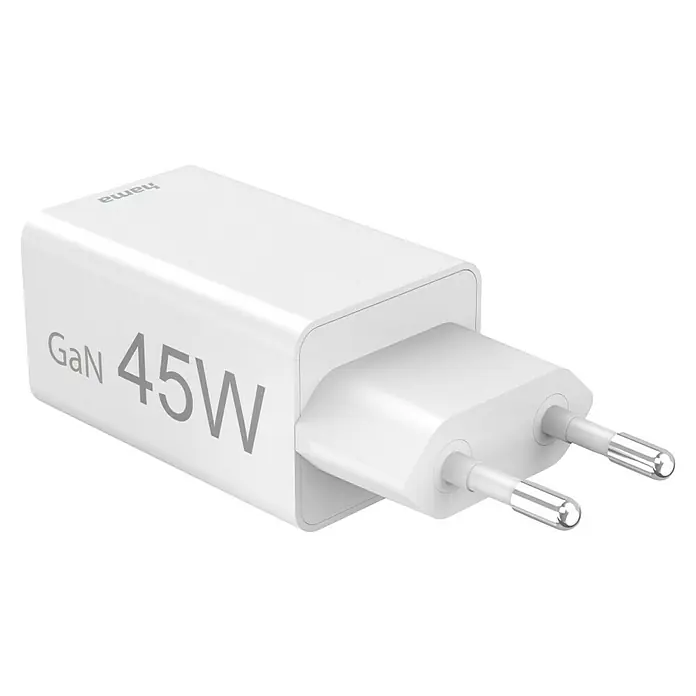 Hama USB-Adapter Schnellladegerät USB-C+A - Weiß, 45 W - Weißes Hama GaN 45W Ladegerät mit Eurostecker für schnelles und effizientes Laden von Geräten. Kompaktes Design für unterwegs.