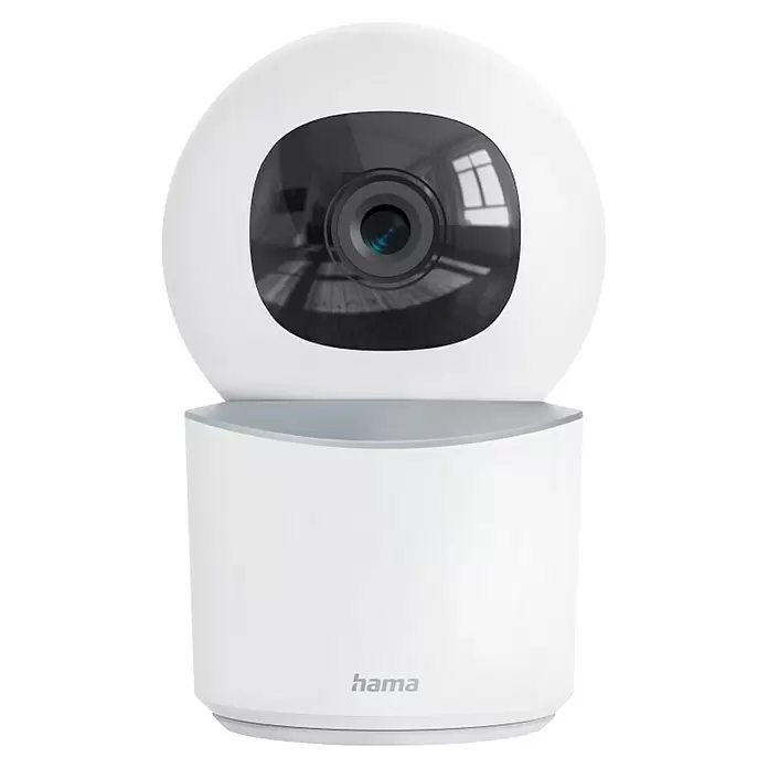 Hama Wifi Überwachungskamera - Erfassungswinkel: 100 ° - Weiße Hama Schwenk-/Neige-Überwachungskamera mit kugelförmigem Kamerakopf und zylindrischem Sockel.