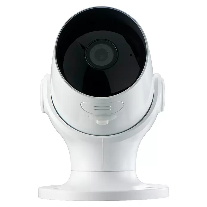 Hama Wifi Überwachungskamera 176645 - Erfassungswinkel: 110 ° - Weiße Überwachungskamera mit schwarzem Objektiv auf einem Ständer.