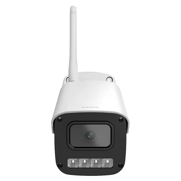 Hama Wifi Überwachungskamera - Weiß, Erfassungswinkel: 110 ° - Weiße und schwarze Überwachungskamera mit Antenne, Objektiv und Infrarotlichtern.