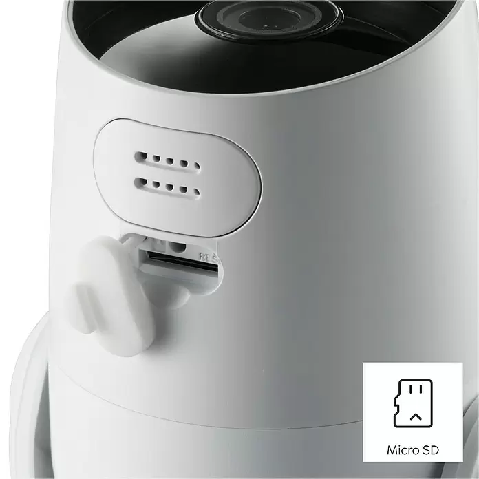 Hama Wifi Überwachungskamera 176645 - Erfassungswinkel: 110 ° - Weißes Gerät mit Lautsprecher-/Mikrofonlöchern, 'RES'-Taste und Micro-SD-Kartensteckplatz mit weißer Gummikappe.
